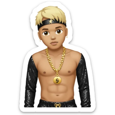 Chris Brown with blonde hair, black sequin baggy pants, shirtless with necklace sticker