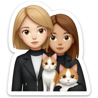 Light-skinned girl with brown straight hair wearing a black jacket, along with one pure white cat and one calico cat sticker