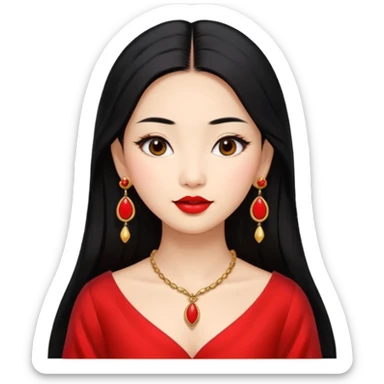 30 yr old asian woman, middle parted straight long black hair, very pretty, fancy dress, earings, red lipstick sticker
