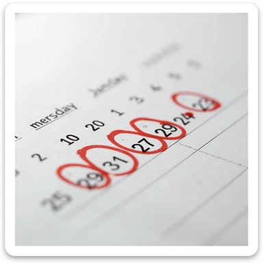 hyperrealistic calendar page in 4K with seven consecutive days circled in red, no background, photorealistic style, sharp details sticker