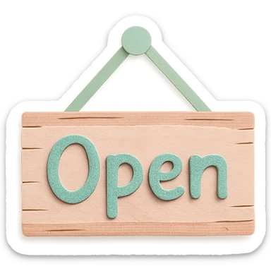pastel wood signboard with 'Open' text, hand-drawn style sticker