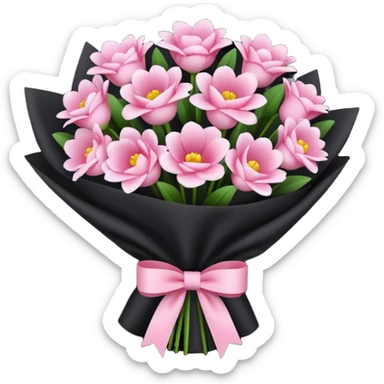 Create a baby pink and dark pink flowers bouquet with black wrap paper and with white bow sticker