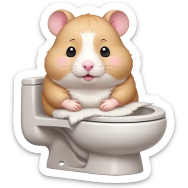 Cute chubby cartoon-style hamster sitting on toilet, sticker-style illustration sticker