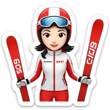 Ski racer woman, red white dress, with the name Stephanie on the dress, Ski with the name Head, black hair, smile sticker