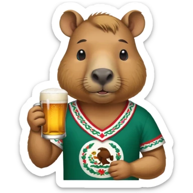 Capibara drink modelo beer with a Méxican shirt sticker