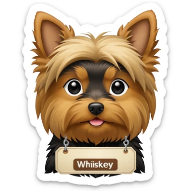 A Yorkie dog with a name tag that says "whiskey" sticker