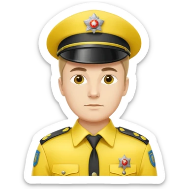 Russian police officer with bright yellow hat and yellow uniform, standing at attention sticker