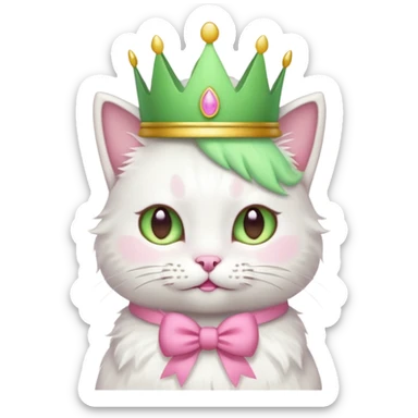 white cat with pink bow and light green crown, emoji style sticker