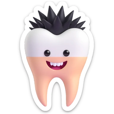 cartoon white tooth with spiky black gelled hair, energetic, retro vibe sticker