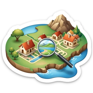An icon featuring a magnifying glass over a local map, with a small village, traditional house, and natural landmarks like a river and hill, symbolizing local history and geography. Transparent background highlights the study of native land, culture, and heritage. sticker