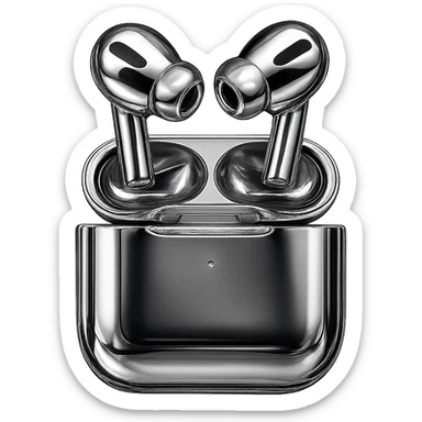 Transform the AirPods and case into a highly reflective and shiny 3D chrome metallic style, keeping all original details and colors intact, with no background. sticker