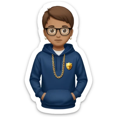Brown hair with black glasses and a dark blue hoodie that says caylus kingdom with black pants and a gold chain sticker