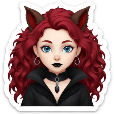  long curly red hair (darker), red pointed ears with black trim, black goth outfits, body and face human, blue eyes, more pointy chin, black lipstick, big fluffy red squirrel tail with black tips, like the attached photo with more outfits and poses,  sticker