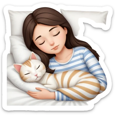 side view Brunette teenage girl sleeping with white cat that has beige stripes on a white pillow with white sheets sticker