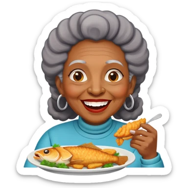 black old lady eating fried fish sticker