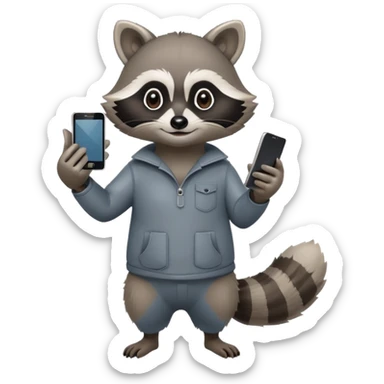 racoon holding a phone and pointing a finger to it full body friendly calm sticker