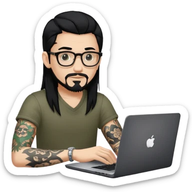 a young man with long black hair, with goatee, wearing glasses sitting with a laptop, tattoo inyout arms sticker