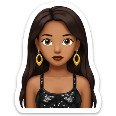 Chilli from TLC with long dark brown hair, black sequin crop top, black earring sticker
