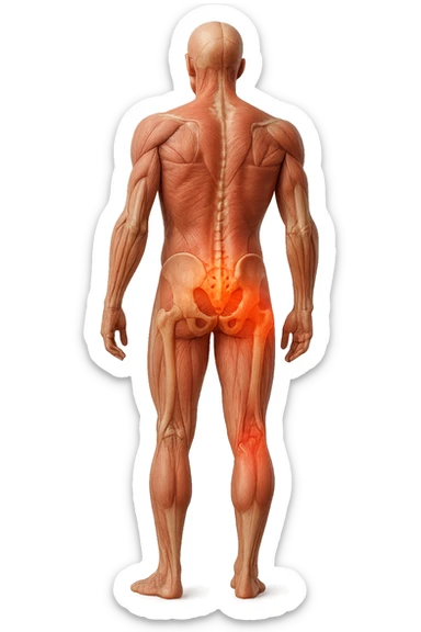 CORPO UMANO ANATOMICO A FIGURA INTERA REALISTICO DI SPALLE CON DOLORE ALLA LOMBARE INFIAMMATA, DOLORE ALL'ANCA, IPERREALISTICO 4K sticker