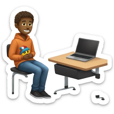 male student sitting at a school desk, a Chromebook with a throw blanket wrapped around shoulders sticker