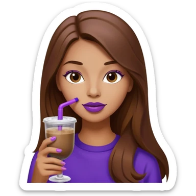 girl with long brown hair and wine lipstick drinking a blueberry butter pecan iced coffee with a purple straw  sticker