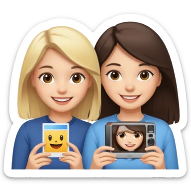 a brunette girl and a blonde girl smiling in polaroid picture sticker