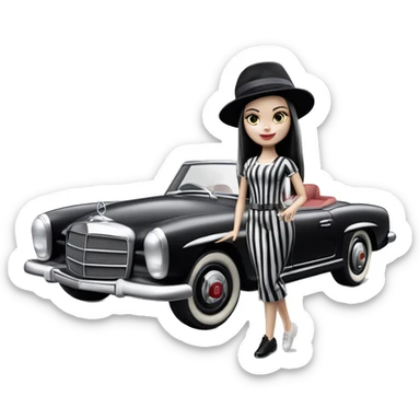 Malibu Barbie, 1965 Wednesday Addams from academy, in dark-gray and black striped outfit with hat. Smiling Driving Mercedes convertible sports car. Pale-white porcelain skin.  sticker