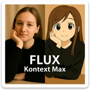 same similar image but chnage the text to "Flux Kontext Max", change people and pose too sticker