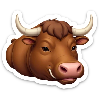 Meme-Worthy Cute Sleeping Brown Bull Portrait Emoji, Head resting peacefully with a contented smile, showcasing a robust, massive build and a luxuriously soft rich brown hide, eyes shut in a serene, restful nap, Simplified yet hilariously adorable features, highly detailed, glowing with a soft, drowsy light, high shine, relaxed and utterly lovable, stylized with an air of playful laziness, bright and heartwarming, soft glowing outline, capturing the essence of a comically sleepy guardian, so meme-worthy it feels like it could instantly become the next viral sensation of adorable slumber! sticker