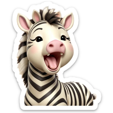 Cinematic Cute Yawning Zebra Portrait Emoji, Head tilted slightly with a dramatic, wide-open yawn, showcasing a soft, downy striped Fur with gently drooping ears and round eyes barely open in drowsy contentment, Simplified yet irresistibly adorable features, highly detailed, glowing with a soft, cozy glow, high shine, relaxed yet expressive, stylized with a touch of savannah charm, bright and endearing, soft glowing outline, capturing the essence of a sleepy yet affectionate zebra, so drowsy it feels like it could stretch out of the screen and curl up for a nap! sticker