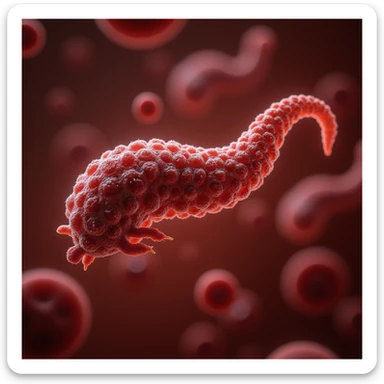 hyperrealistic 4K clinical illustration of Trypanosoma among red blood cells in human blood, extremely realistic microscopic details, medical atmosphere sticker