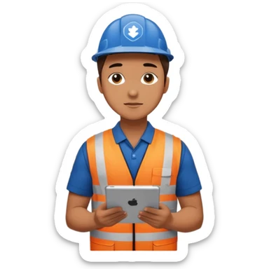 create a realistic emoji shwoing logistic worker controling something with an ipad sticker