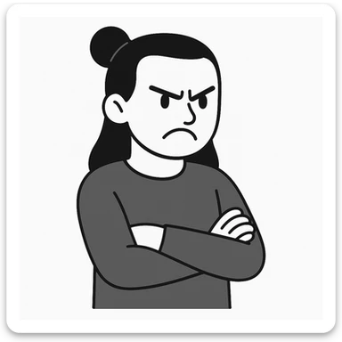 minimalist style angry man with long black hair tied in a bun, arms crossed, dressed in black sticker