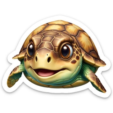 Cinematic Comical Sea Turtle Portrait Emoji, Head tilted dramatically with an exaggeratedly amused expression, featuring a boldly patterned, domed shell and wide, comically expressive eyes full of playful disbelief, Simplified yet hilariously expressive features, highly detailed, glowing with a slightly sassy oceanic glow, high shine, dramatic yet playful, stylized with an air of cheeky marine mischief, soft glowing outline, capturing the essence of a meme-worthy sea turtle that looks ready to glide its way into viral fame! sticker