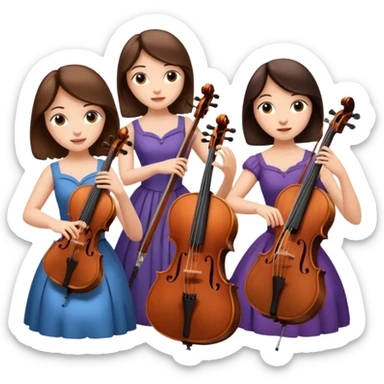 Create an imagine of three brunette women playing string instruments, the first is playing a cello, the second is playing a viola and the third is playing the violin sticker