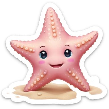 Cinematic cute round starfish, pastel pink, soft bumpy texture, tiny happy face, slightly tilted, glowing warmly, sparkling with gentle ocean magic. sticker