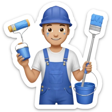 smiling man house painter wearing overalls and cap holding a paint roller and paint bucket sticker