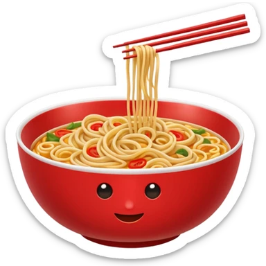 Chinese cuisine humanless avatar in bright emoji-style illustration. Noodles bowl, red and gold colors, simple shapes, flat design, bold and energetic. sticker