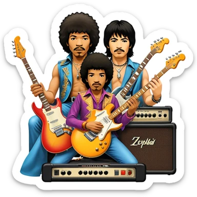 Rock music icon: powerful stage with electric guitars, drums, and amplifiers. Collage of rock icons—Jimi Hendrix, Led Zeppelin, Nirvana, and The Rolling Stones—symbolizing the energy and rebellion of rock. Transparent background. sticker