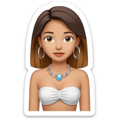 latina makeup olsun, saçları düz, halka küpeler büyük gümüş renginde olsun, kolye taksın ve beyaz bir Bandeau top kıyafet giyisin sticker