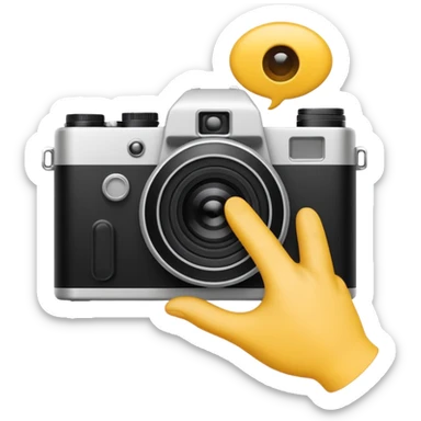 Minimalist emoji-style sticker of a photo camera ejecting a photo, but a hand comes out instead. Black and white, surreal icon. sticker