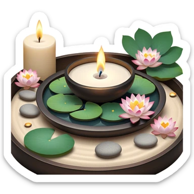 A photorealistic icon featuring lotus flowers, burning candles, incense sticks, smooth meditation stones, and a tranquil setting with soft, calming natural elements. Subtle, peaceful colors and detailed textures that evoke a sense of mindfulness and inner peace. Transparent background sticker