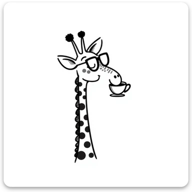 Giraffe with silly glasses trying to drink from a tiny tea cup sticker