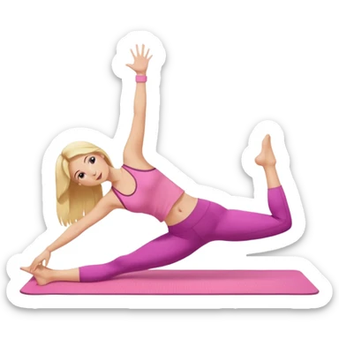 blonde sporty girl doing pilates on a pink yoga mat sticker