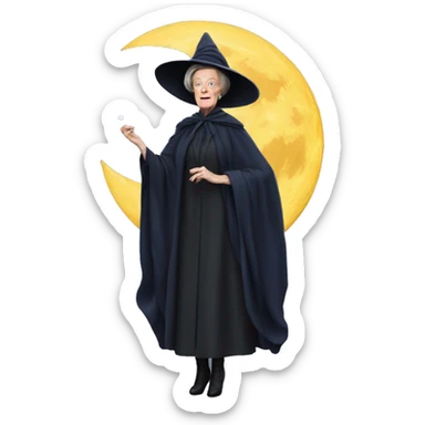 Maggie smith standing on the moon in a witches outfit  sticker