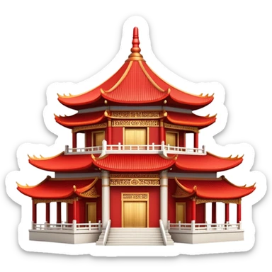 Traditional Chinese architecture with pagoda roofs, red columns, ornate details sticker