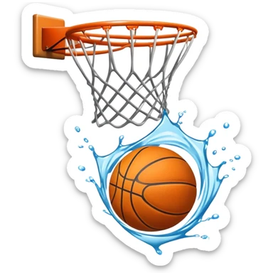 Basketball with net creating a splash effect as ball goes through, water-like net, iOS emoji style sticker