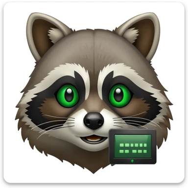 Raccoon face with black computer terminal window in background. The terminal window displays code in green and black. sticker