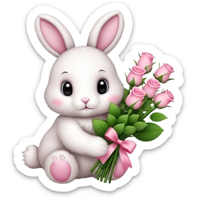Bunny plush holding bouquet of pink roses  sticker