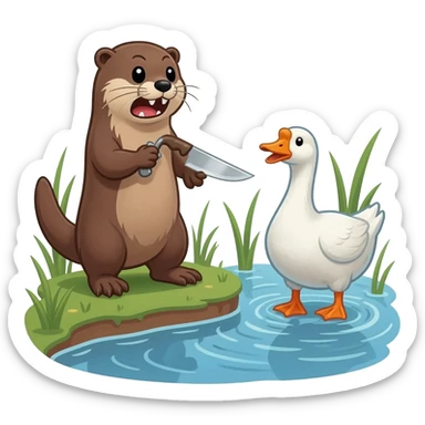 An otter with a knife threatens a goose sticker